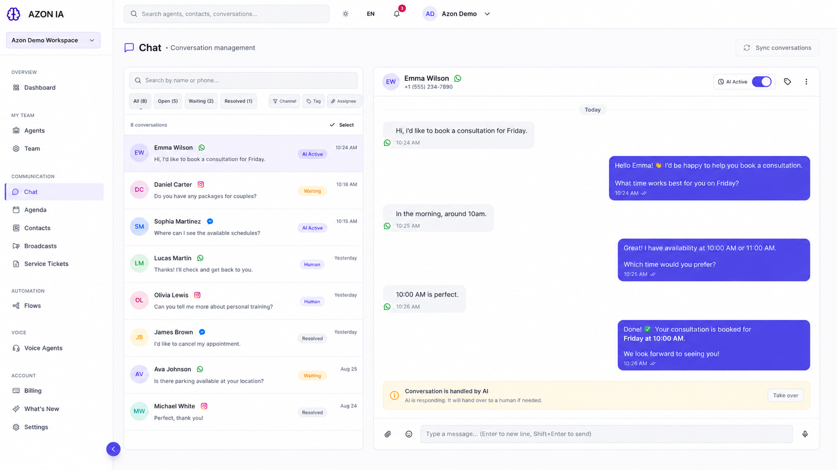 AZON unified conversation workspace showing the conversation list, active conversation and AI status